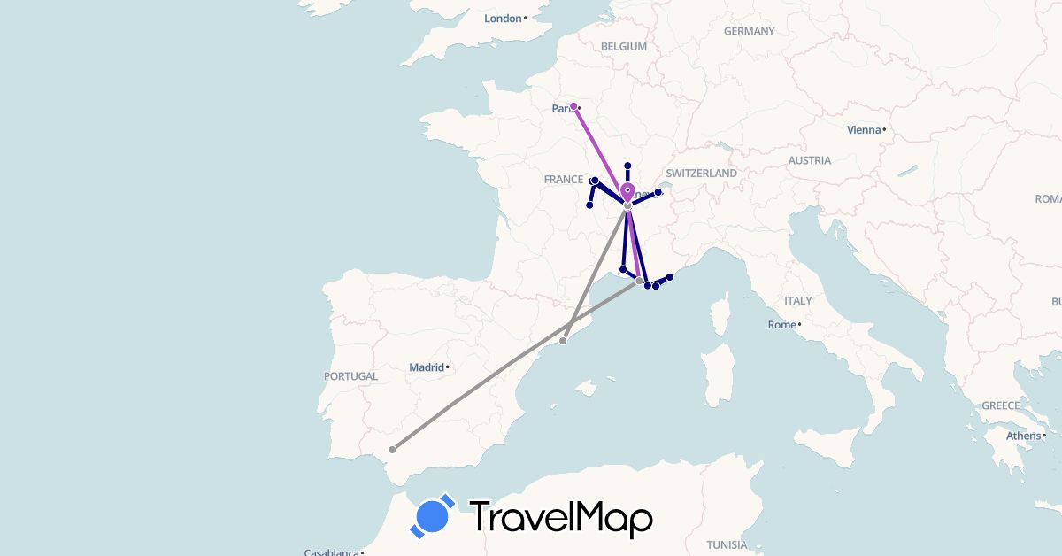 TravelMap itinerary: driving, plane, train in Spain, France (Europe)